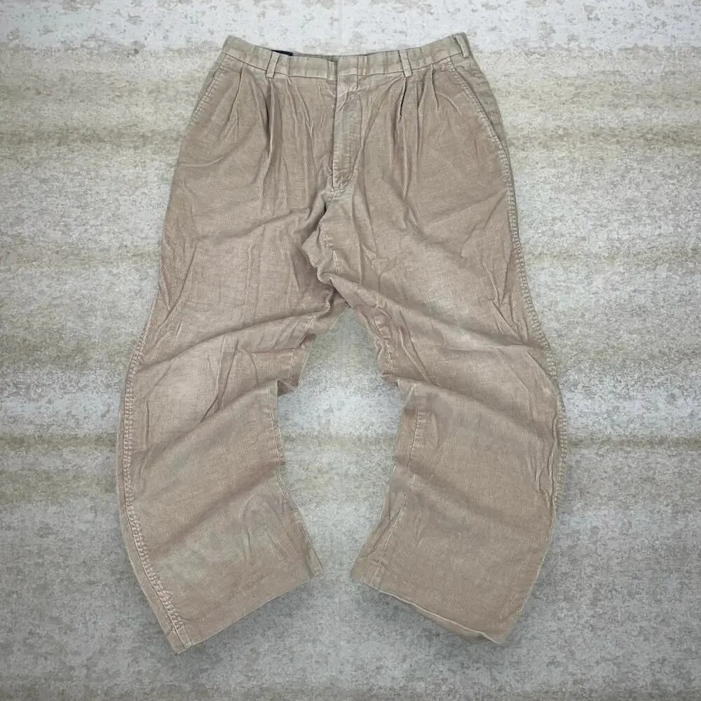 Vintage 90s Corduroy Pants 35x30 Baggy Light Tan Lands End Made in USA Pleated